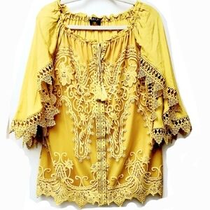 Pastel Boho Peasant Yellow Embroidered Lace Detail Top Blouse Size 2XL